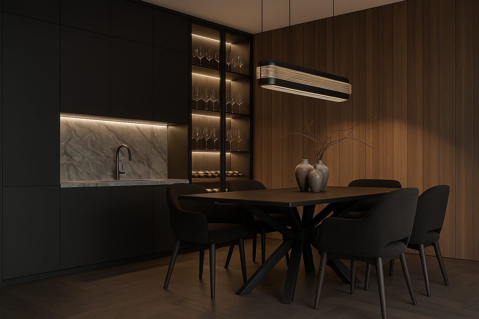 Kuchnia Loft Dark Glow z zabudową i jadalnią